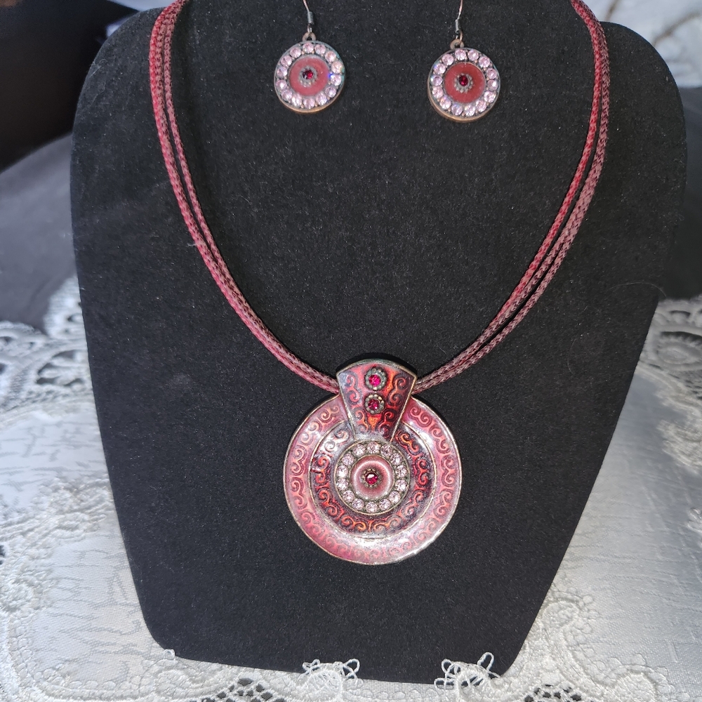 Women's Handmade Enamel & Rhinestones Necklace on a Triple Leather Chain.